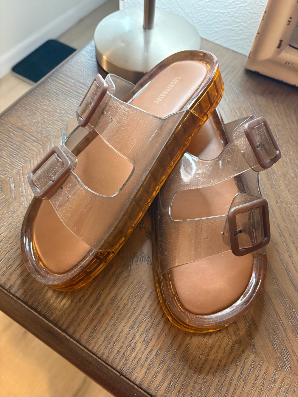 Transparent Amber Jelly Slide Sandals with Dual Buckles